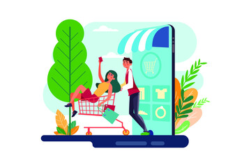 The couple goes shopping chart in a mobile online shop.