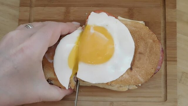 Sandwich with cheese bacon and fried egg on wooden background