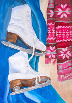 Children's gouache drawing "Skates and a winter scarf"