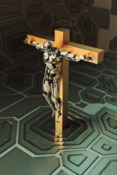 Technology crucifiction, robot on golden cross