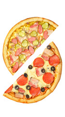 Pizza, two halves isolated on a white background. Versus concept. Appetizing pizza.