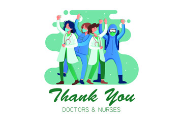 A group of cheerful doctors and nurses (wearing masks) are raising their hands to celebrate.