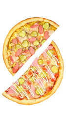 Pizza, two halves isolated on a white background. Versus concept. Appetizing pizza.