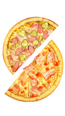 Pizza, two halves isolated on a white background. Versus concept. Appetizing pizza.