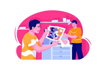 The publisher is checking the color palette in front of a colleague