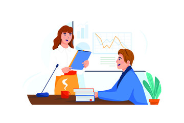 The female intern is giving a presentation about her business project.