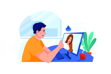 The man is talking to his colleague via video call.