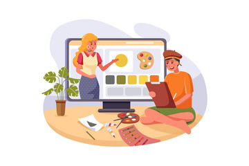 The boy draws according to the instructions of online teacher. 