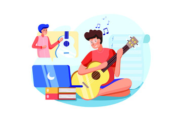 The boy learns to play musical instrument according to an online tutorial. 