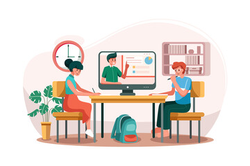 The boy and the girl learning online course on the table. 