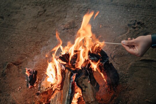 Crop man cooking marshmallow