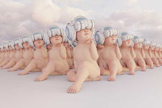 Baby wearing futuristic Virtual Reality helmet sitting