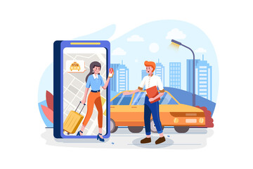People using online ordering taxi car sharing mobile application concept