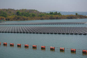 Solar power station., Aerial view of Floating solar panels or solar cell Platform system on the lake.