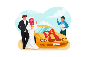 Car Sale. Manager showing off luxury automobile to afro bride and groom in car dealership