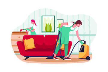 Cleaning team with professional tools tidying up living room .