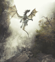 Dragon flying up out of cavern in misty fantasy forest