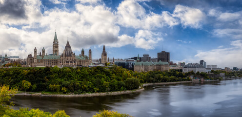 Panoramic view of Downtown Ottawa and the Parliament of Canada. Taken from Nepean Point, Ontario, Canada. Colorful Dramatic Sky Artistic Render