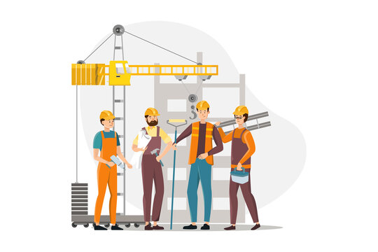 The team of construction workers. Cool character design vector image about construction or maintenance process. 