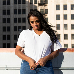 Plus size t-shirt white basic women’s casual wear outdoor shoot