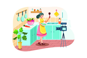 Young woman in kitchen recording video on camera. Vlog video live streaming at home.