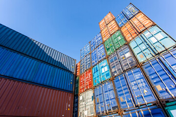 Stack of blue containers box. Cargo Freight Shipping of Container Logistics Industry concept.