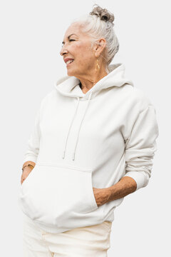 portrait of senior woman wearing a hoodie