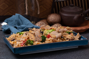 Japanese Sauce Fried Rice with Shiitake Mushroom and Broccoli