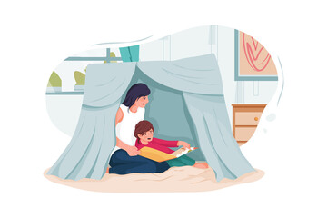 Nanny and little children reading book in tent at home