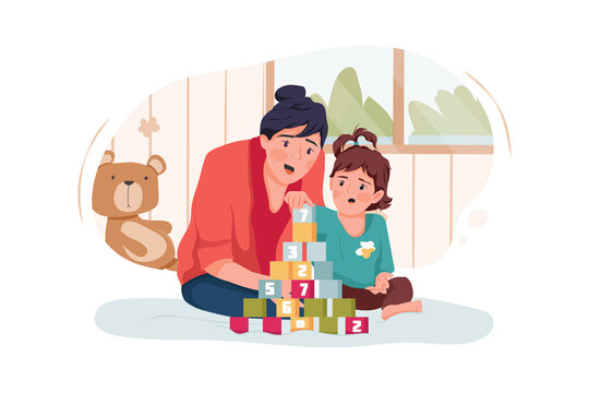 Babysitter and baby girl playing with toy cubes at home