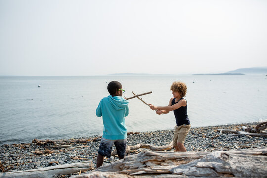 Multiracial brothers have sword fight with sticks