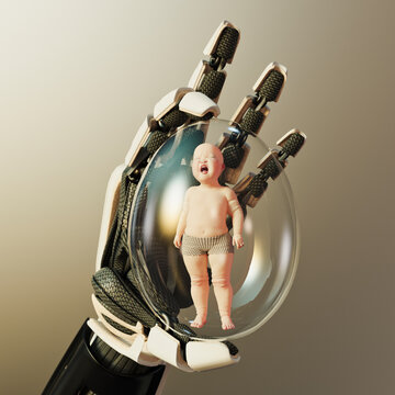Futuristic technology babysitter, crying unhappy baby inside transparent egg held in cyborg robot hand