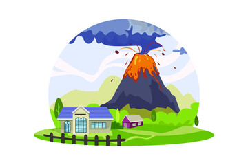 Fototapeta na wymiar Natural disaster cartoon composition with round view of exploding volcano with smoke lava and living houses