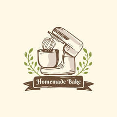 mixer logo bakery baking with leaves ornament in hand drawn illustration style