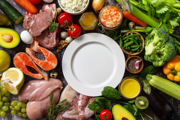 Paleo diet concept. Raw foods high protein and low carbohydrate products, ingredients for healthy food. Top view flat lay.