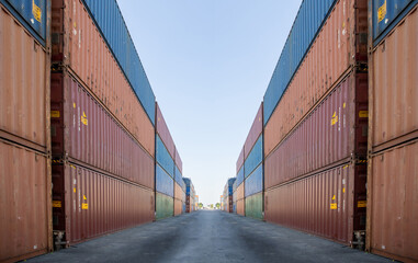 Stack of blue containers box. Cargo Freight Shipping of Container Logistics Industry concept.