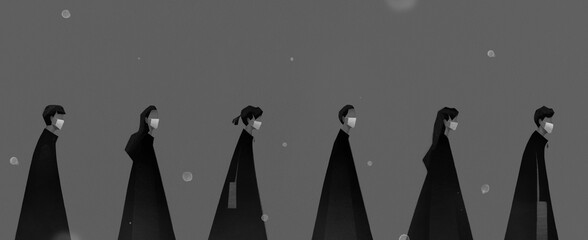 Social distancing, people in medical masks practice social distancing to protect against the concept of the spread of the COVID-19 coronavirus outbreak, avoid social contact.