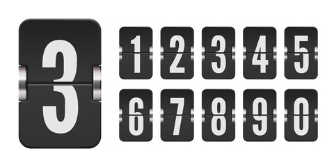 Set of flip score board numbers for black countdown timer or calendar isolated on white. Vector template for your design.