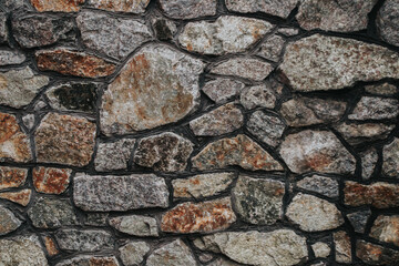 The texture of a stone medieval castle wall with natural defects. Scratches, cracks, crevices, chips, dust, roughness, abrasion. Template for design and background.Copy space