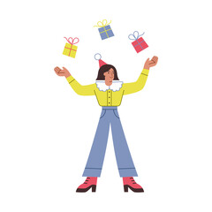 
A girl is juggling with gift boxes. Vector bright character on white background for postcards, posters and advertising. 