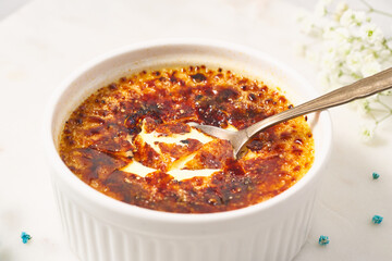 Creme brulee. Traditional French vanilla cream dessert. Burned cream, burnt creme. Spanish crema...