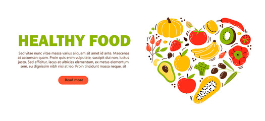 Baner, flyer with products, healthy food. Fruits, vegetables and nuts. Cartoon flat vector illustration isolated on white background.