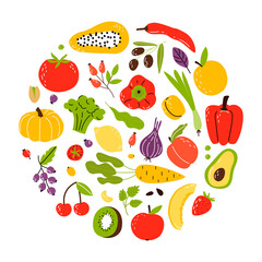 A set of products in a circle, healthy food. Fruits, vegetables and nuts. Cartoon flat vector illustration isolated on white background.