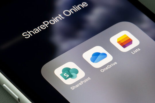 Portland, OR, USA - Mar 15, 2021: SharePoint, OneDrive, and Lists mobile apps - the core services of the Microsoft SharePoint Online Plan - are seen on an iPhone.