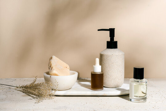 Essential oil bottles and beauty care still life