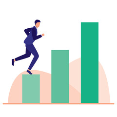 Businessman Running Up Stairs And Overcome Obstacles. Business Challenges. Full Length. Flat Design.