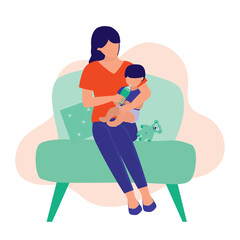 Mother Bottle-Feeding Her Baby. Motherhood Concept. Vector Flat Cartoon Illustration. Young Mother Sitting And Carrying A Toddler.