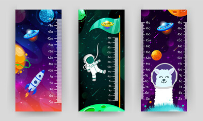 Kids space height chart. Cosmic wall meter with flying astronaut, rocket and fantasy planets. Vector illustration in cartoon style. Childish growth chart. Poster template for nursery design.