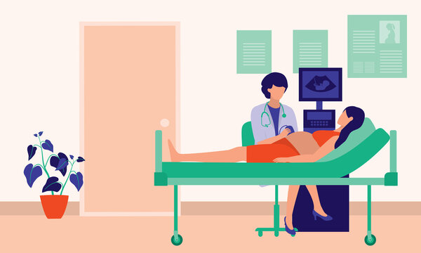 Female Doctor Using Ultrasound Machine To Create An Image Of Unborn Baby In The Mother's Womb. Prenatal Visit Concept. Vector Flat Cartoon Illustration. Expectant Mother Visiting A Physician.