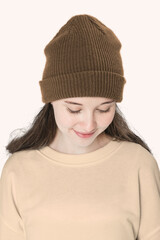 Teenage girl in color beanie for teenage apparel shoot